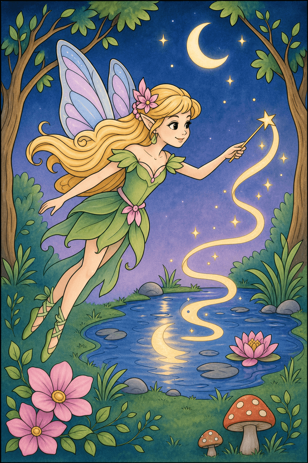Fairy Flying Over a Moonlit Pond storybook colorized preview