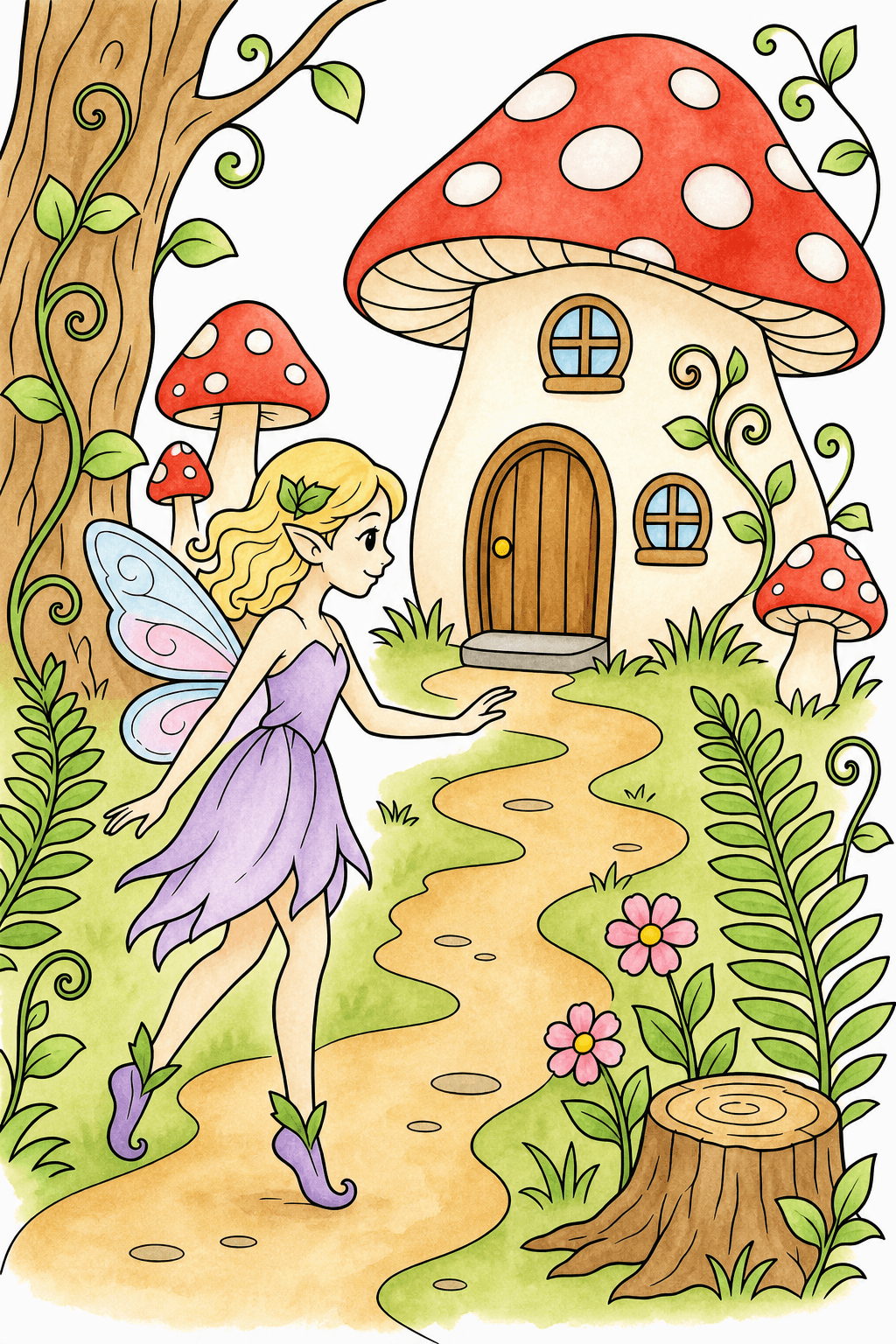Fairy on a Path to a Spotted Mushroom House watercolor colorized preview
