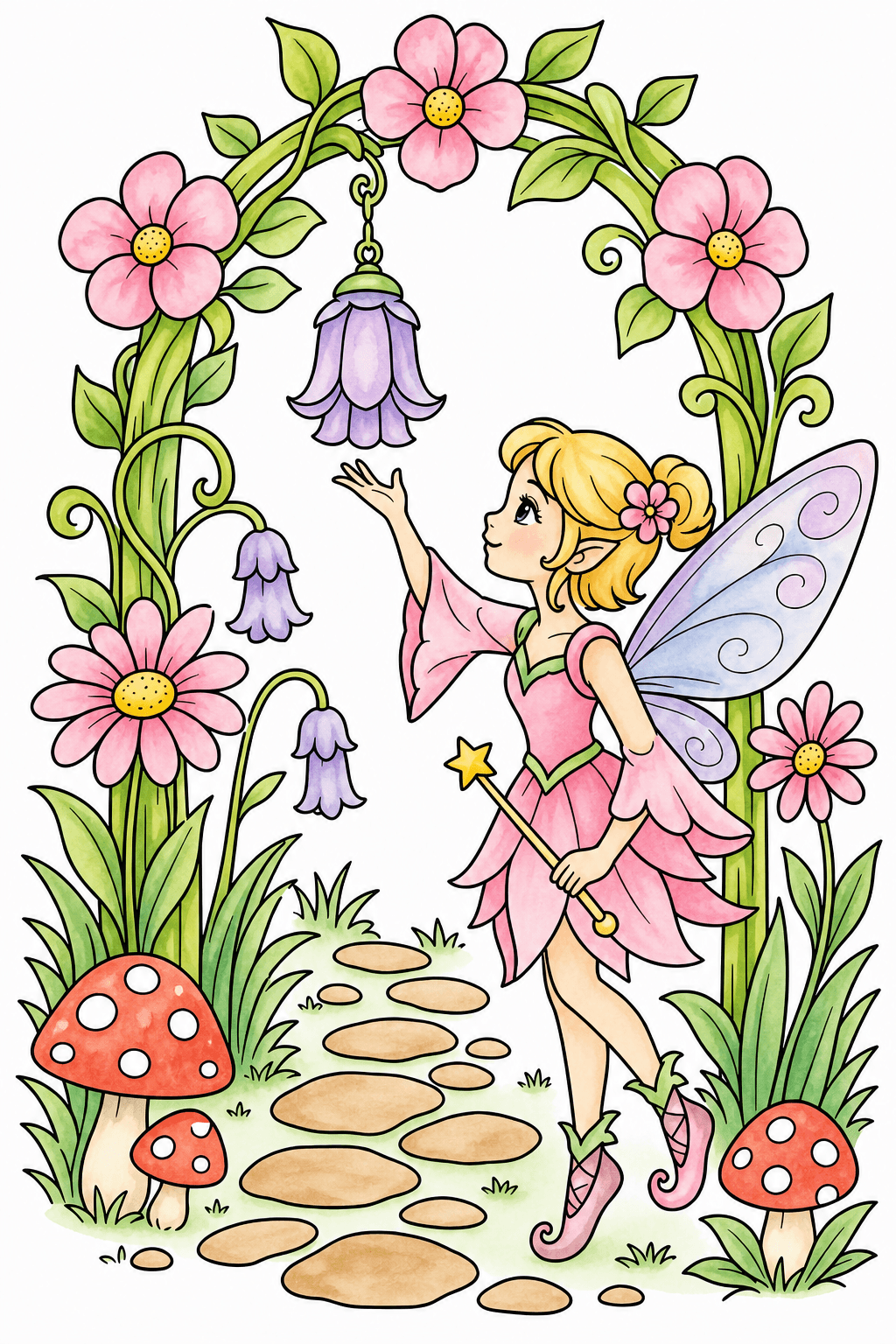Fairy Reaching for a Bell Flower watercolor colorized preview