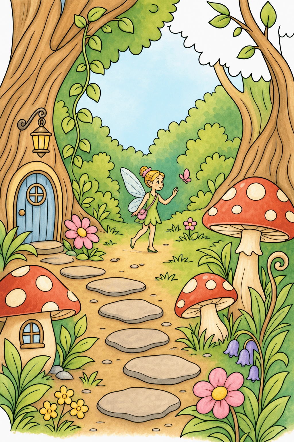 Woodland Fairy and Mushroom House storybook colorized preview