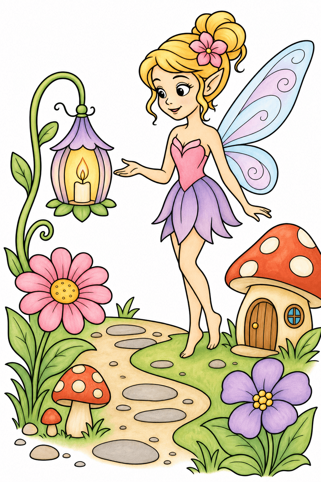 Fairy on a Path Beside a Mushroom Cottage storybook colorized preview