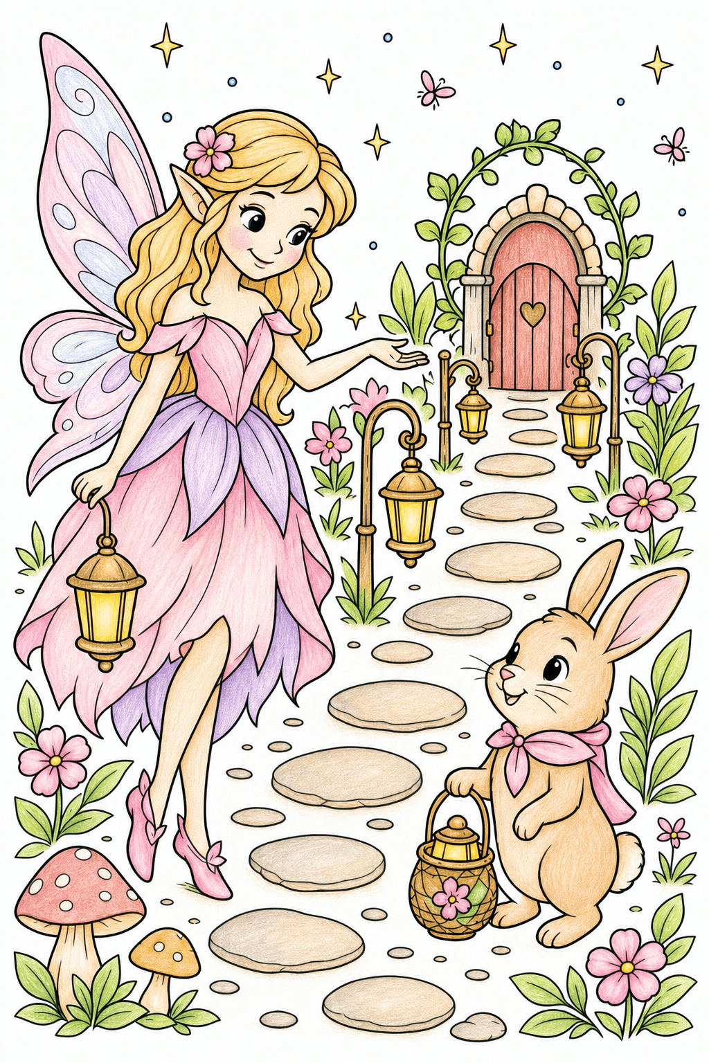 Fairy and Bunny on a Lantern Trail colored-pencil colorized preview