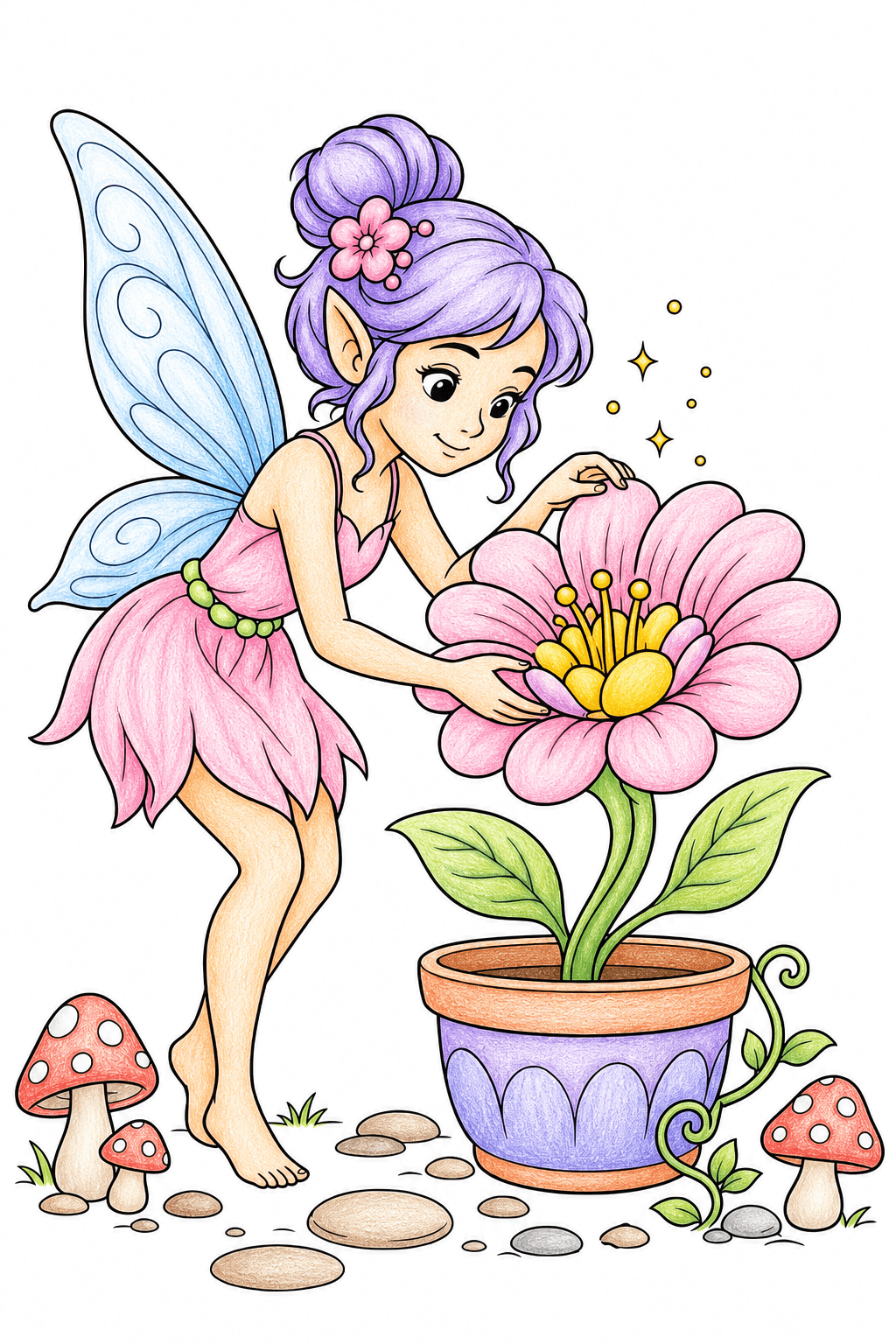 Fairy Tending a Giant Potted Flower colored-pencil colorized preview