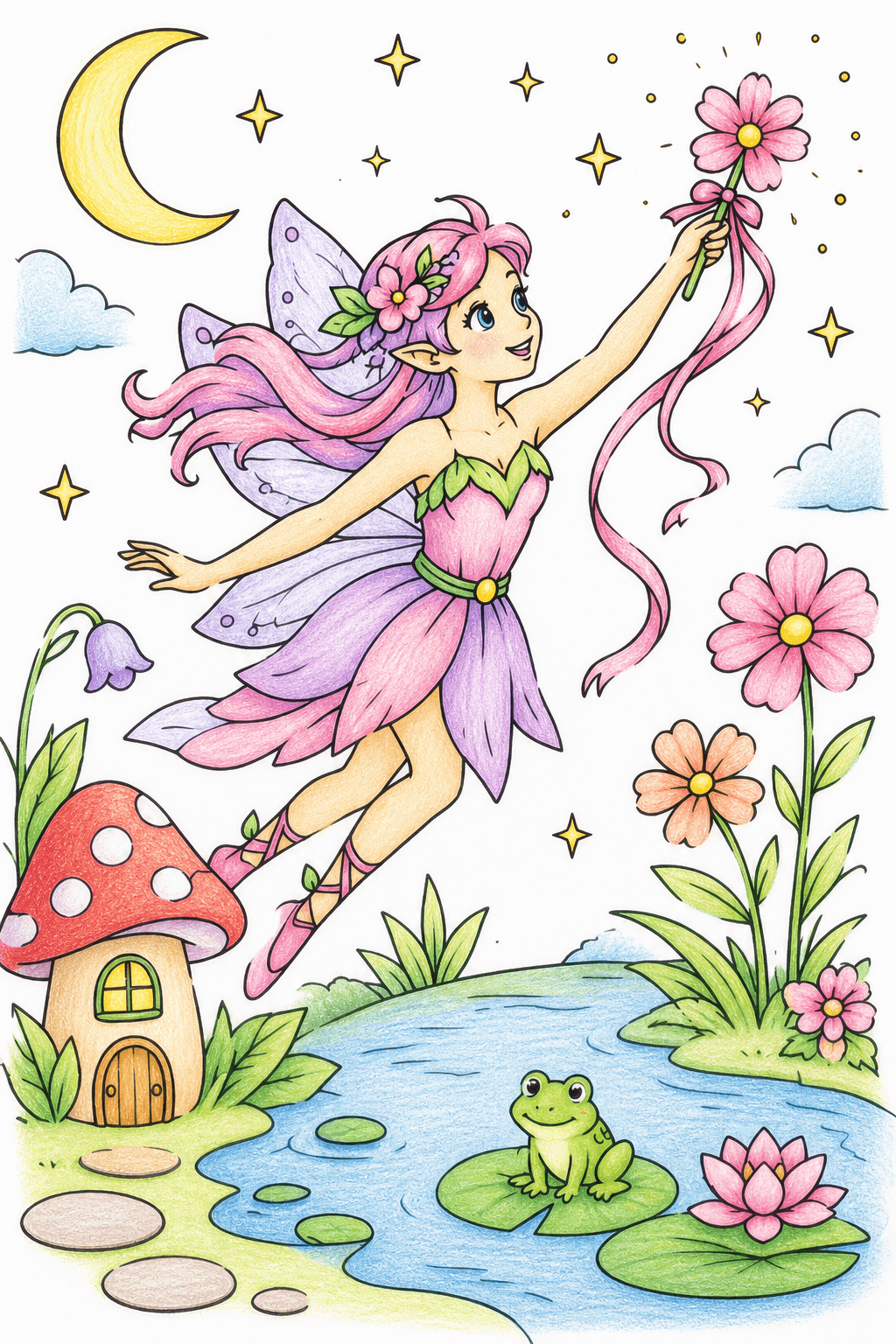 Fairy Flying Over a Moon Pond colored-pencil colorized preview
