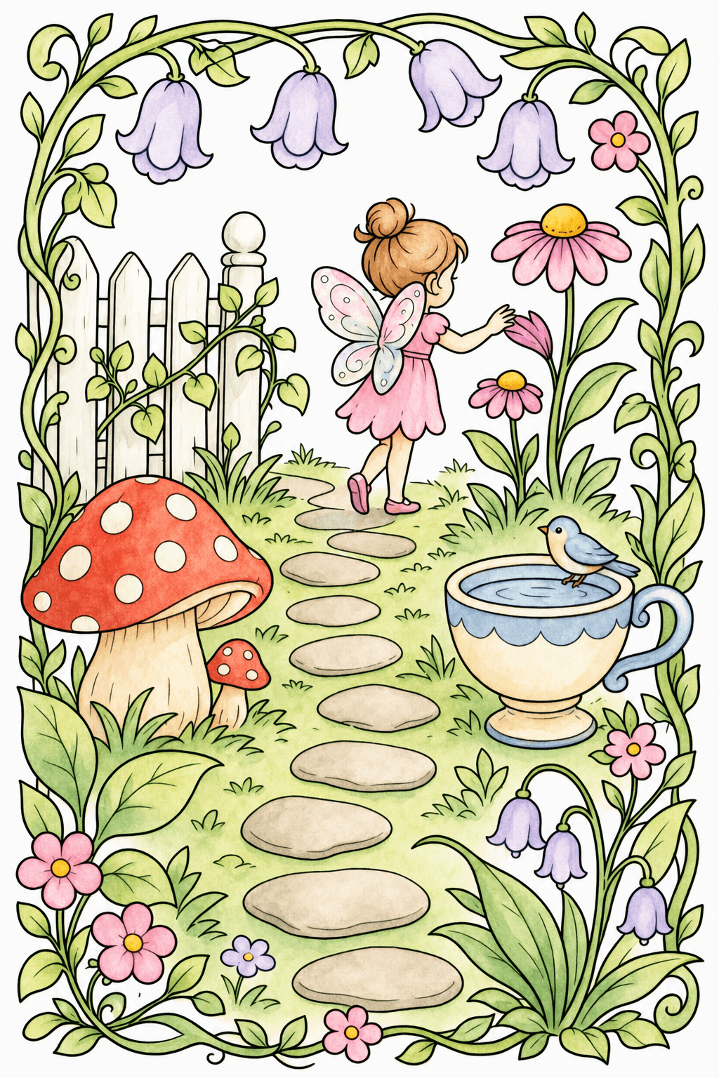 Fairy Path with Teacup Birdbath watercolor colorized preview