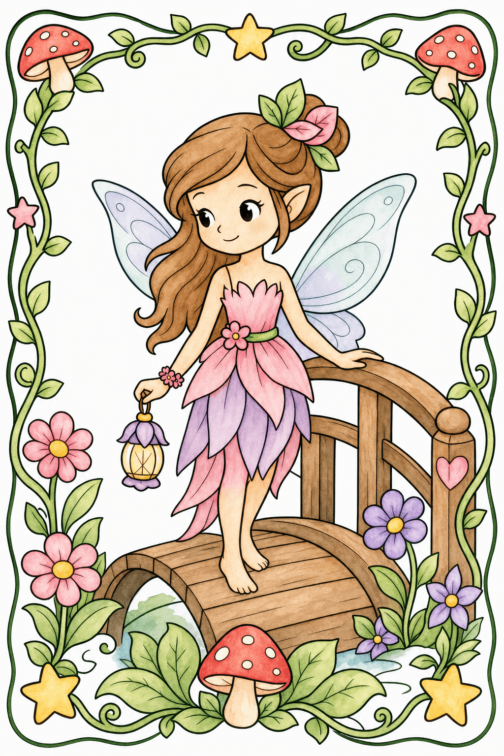 Fairy with a Lantern on a Garden Bridge watercolor colorized preview