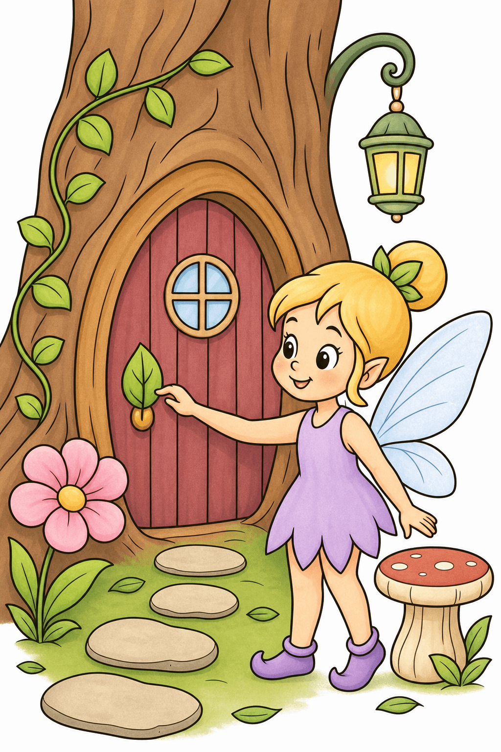 Fairy Reaching for a Tree Door storybook colorized preview
