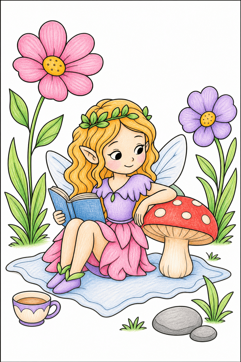 Reading Fairy in a Flower Garden colored-pencil colorized preview