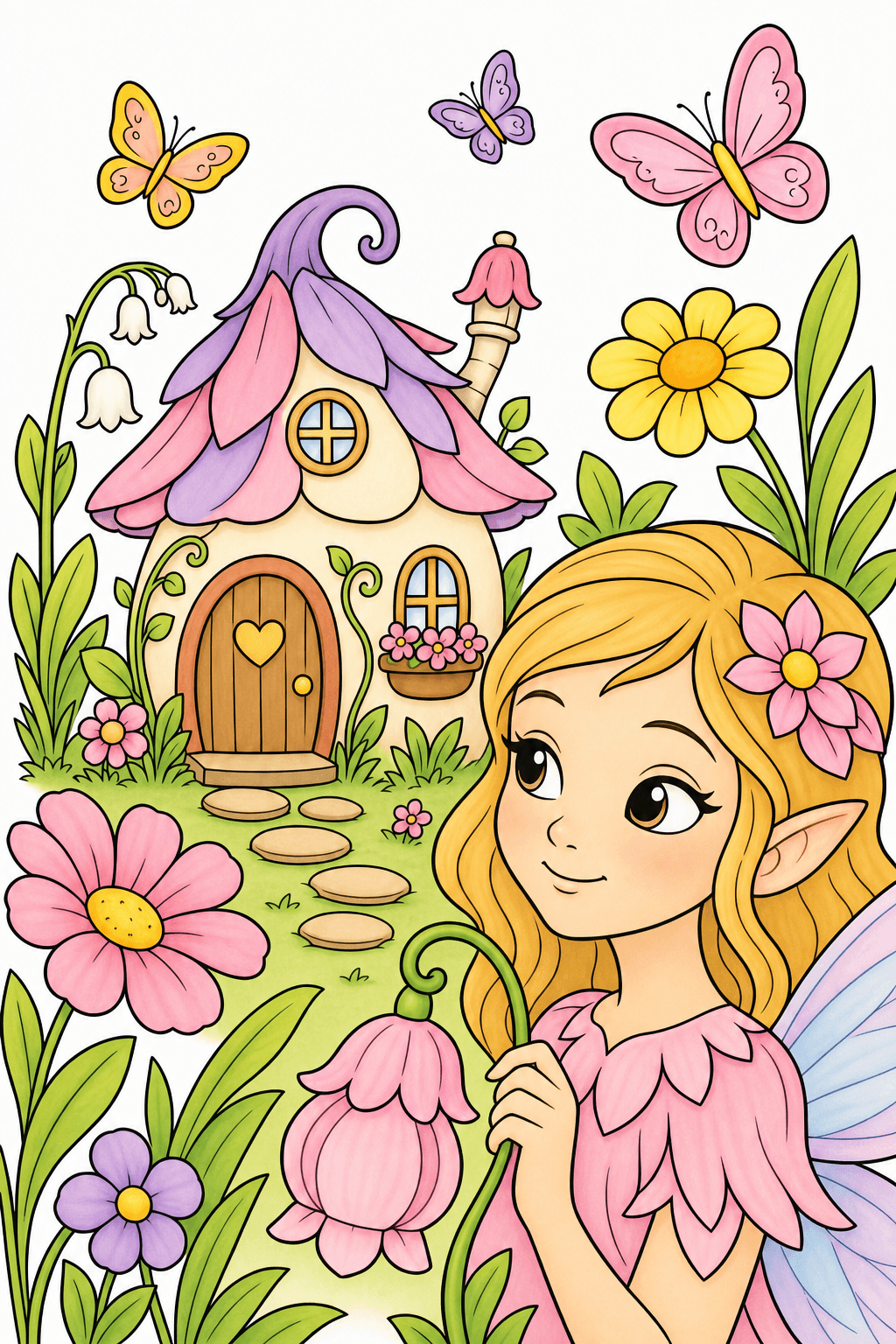 Fairy in a Flower Meadow with Butterflies storybook colorized preview