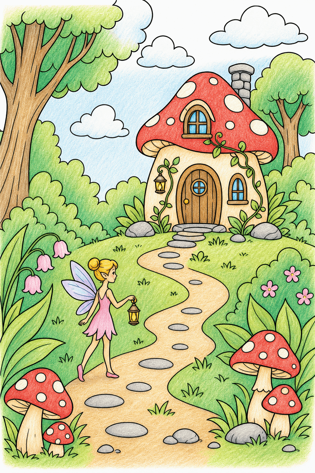 Lantern Fairy Approaching a Mushroom House colored-pencil colorized preview