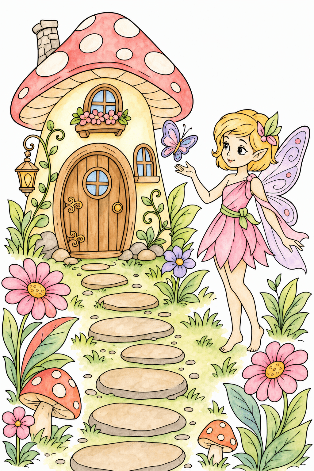 Fairy Beside a Mushroom-Roof House watercolor colorized preview