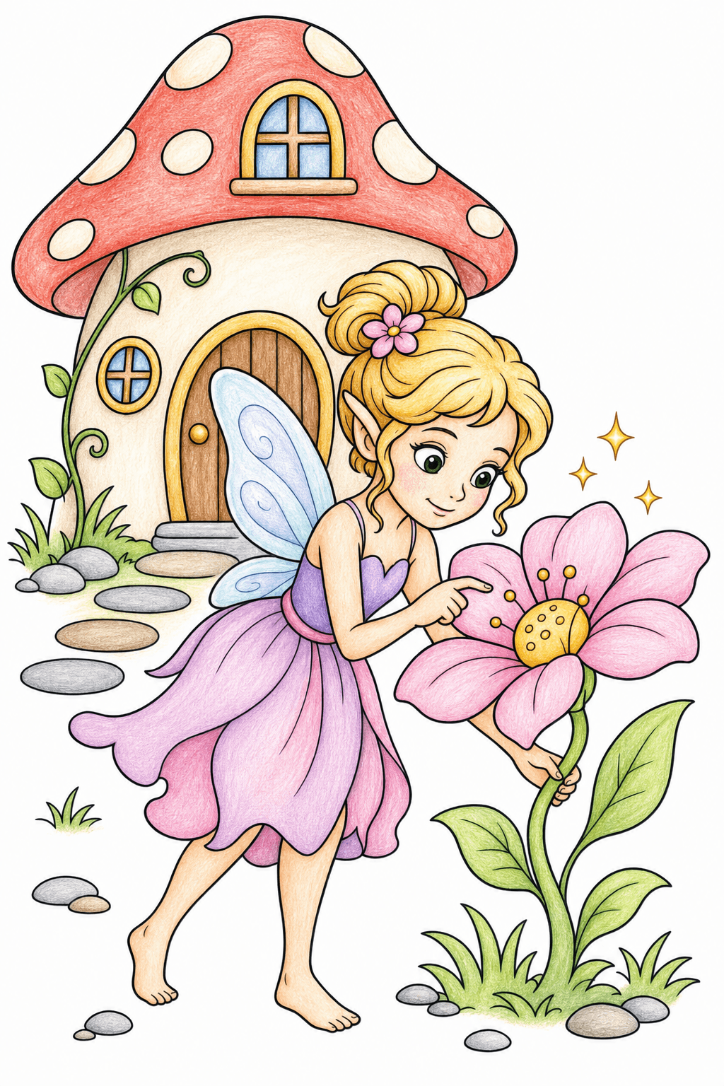 Fairy with a Magic Flower and Mushroom House colored-pencil colorized preview