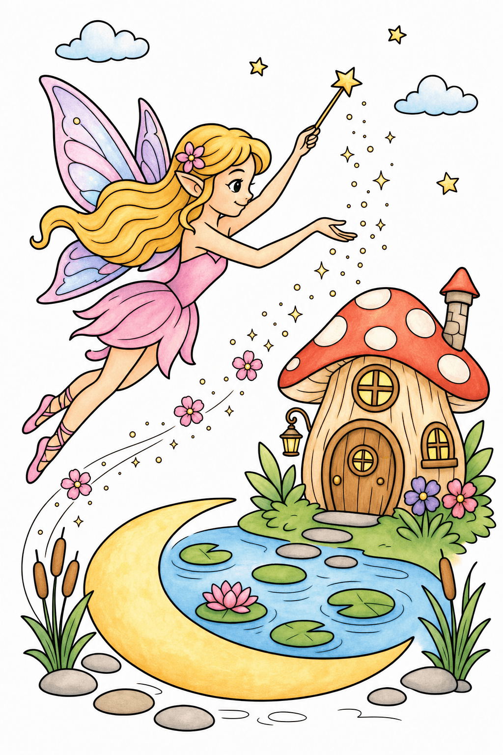 Flying Fairy Above a Crescent Pond storybook colorized preview