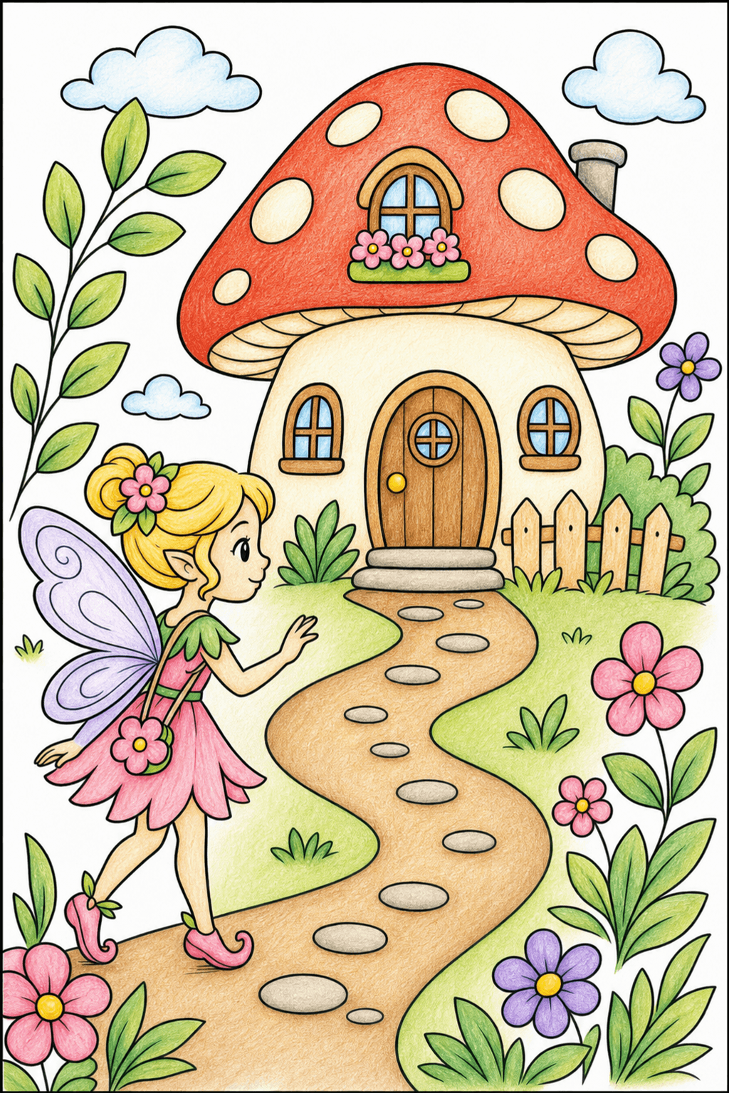 Fairy Approaching a Fenced Mushroom House colored-pencil colorized preview
