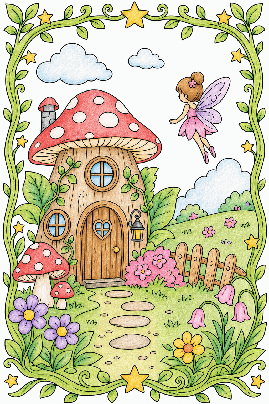 Mushroom Fairy House with a Storybook Frame colored-pencil colorized preview