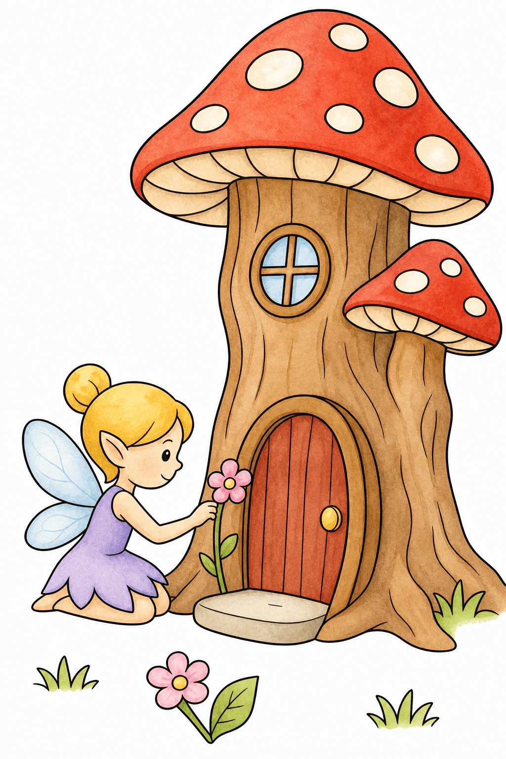 Fairy Beside a Mushroom Tree House watercolor colorized preview