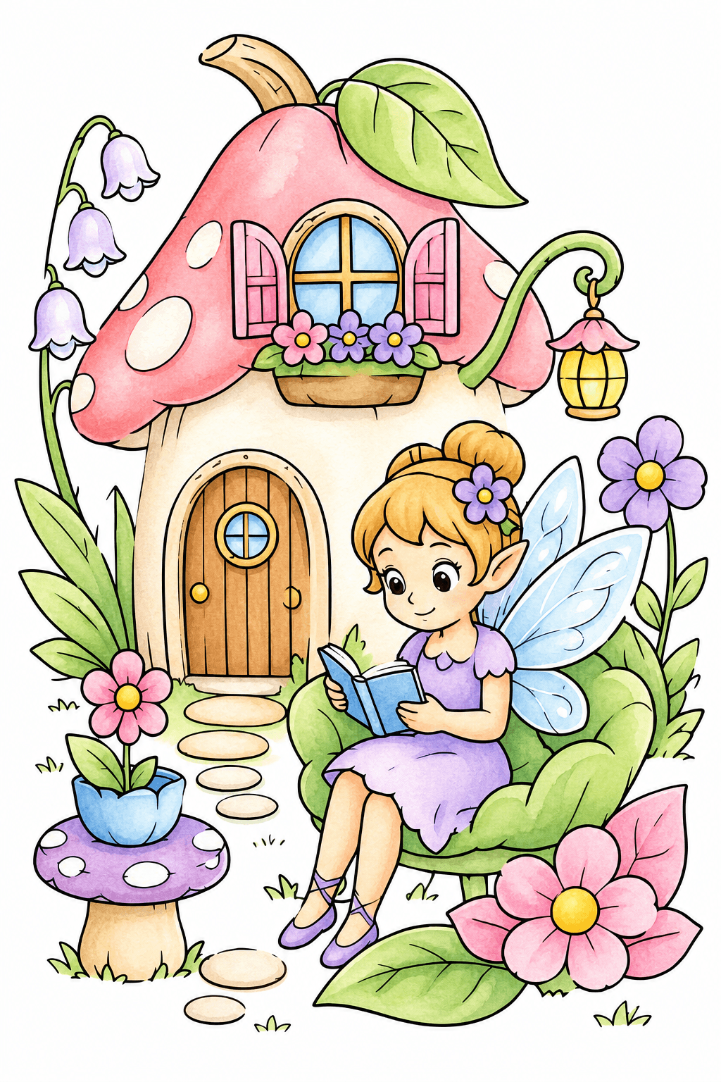 Reading Fairy Beside a Mushroom Fairy House watercolor colorized preview