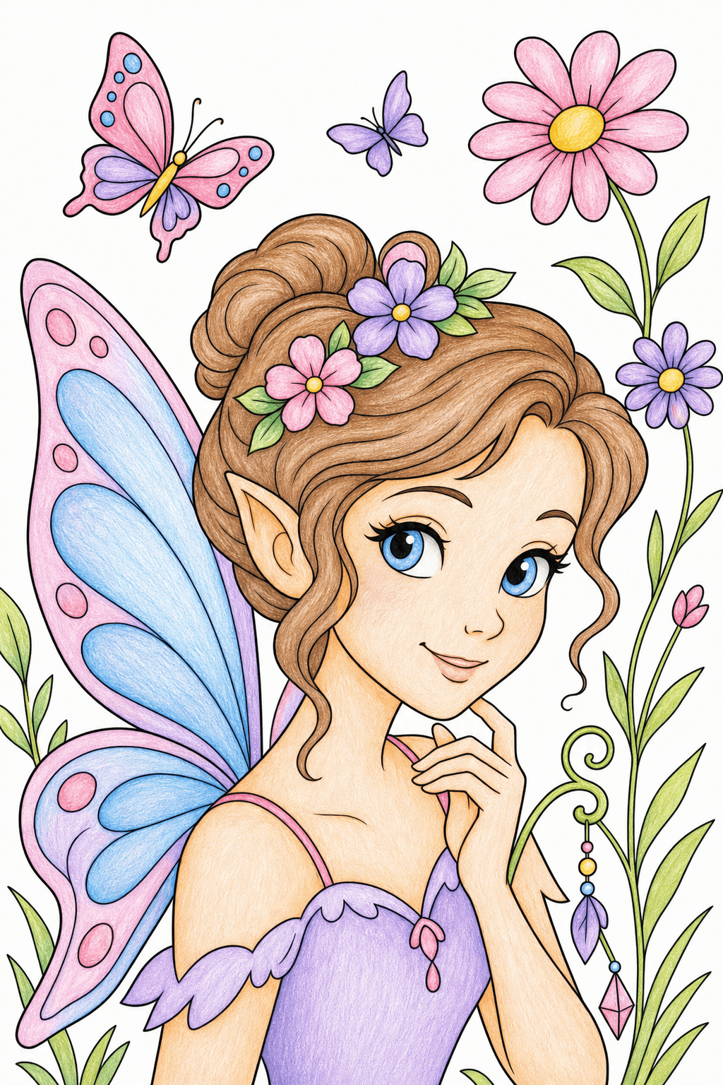 Butterfly-Winged Fairy in a Flower Meadow colored-pencil colorized preview