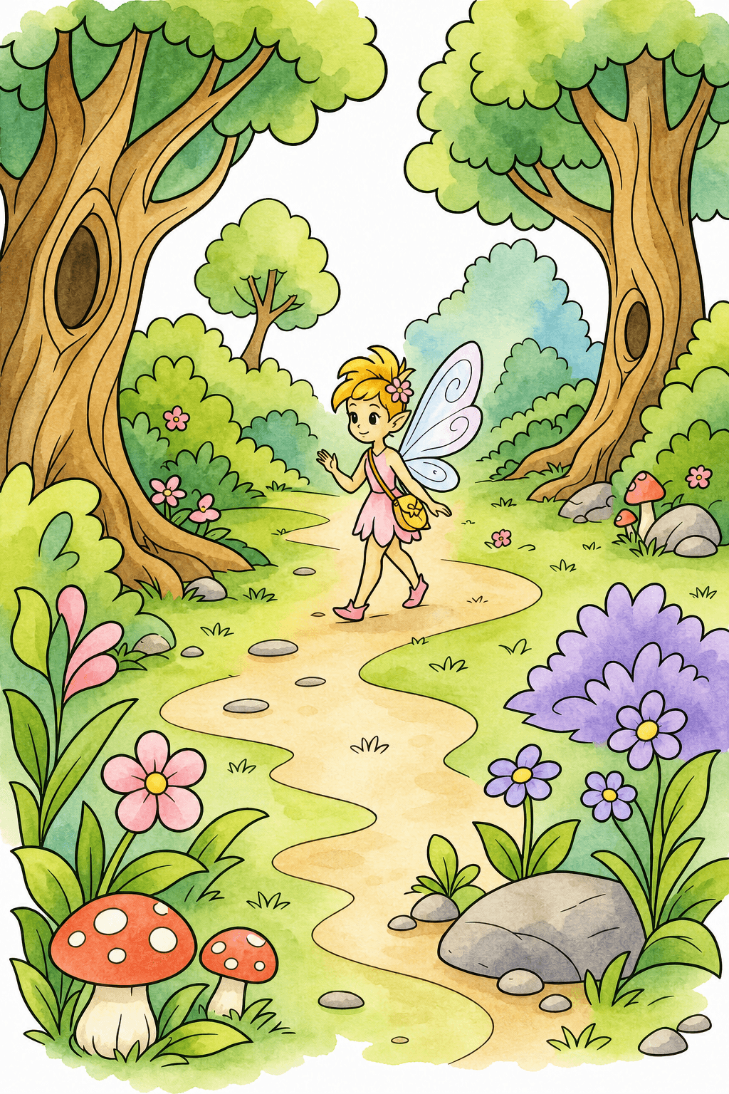 Fairy Walking Through a Forest Clearing watercolor colorized preview