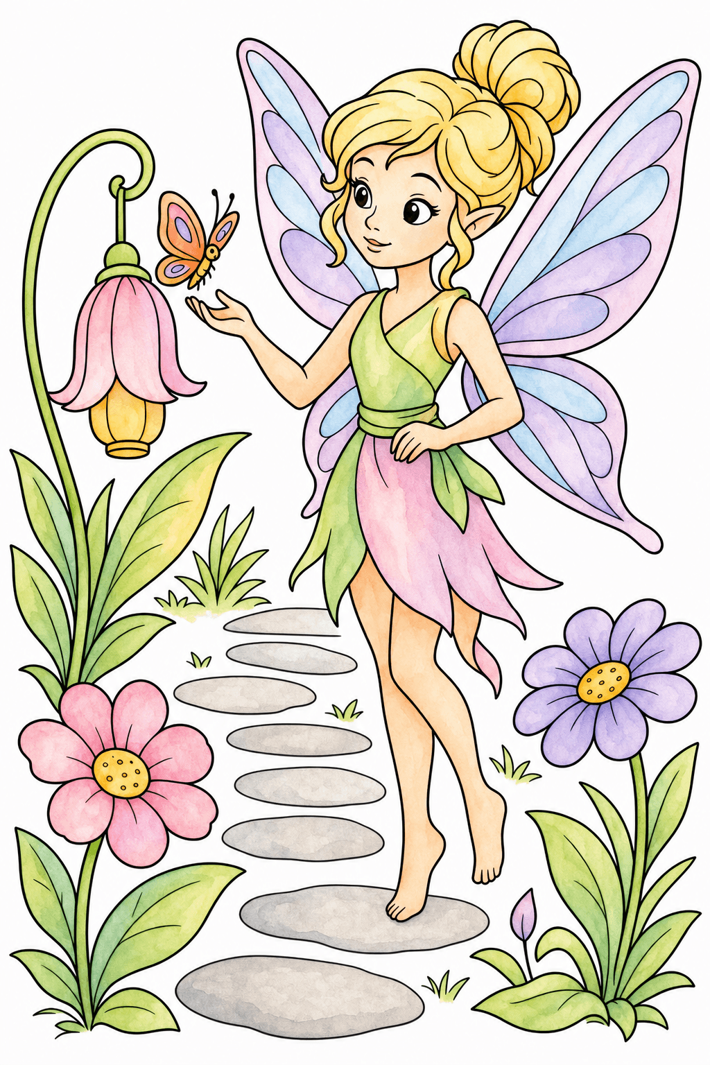 Fairy on a Garden Stepping-Stone Path watercolor colorized preview