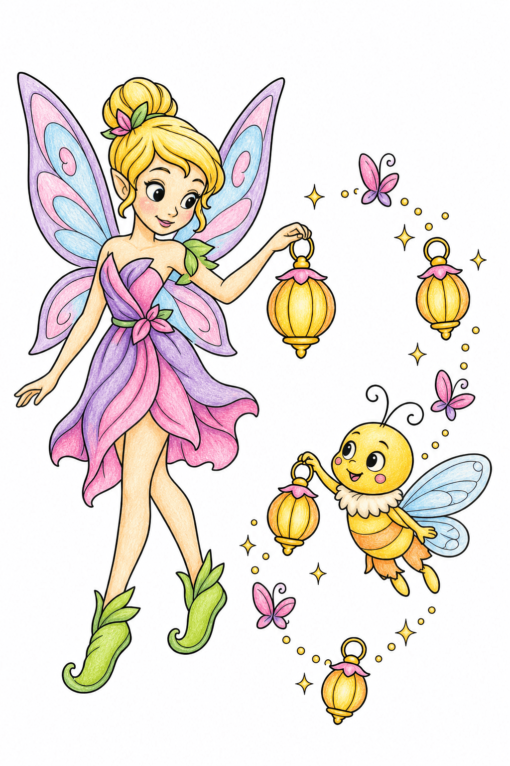 Fairy and Winged Companion on a Lantern Trail colored-pencil colorized preview