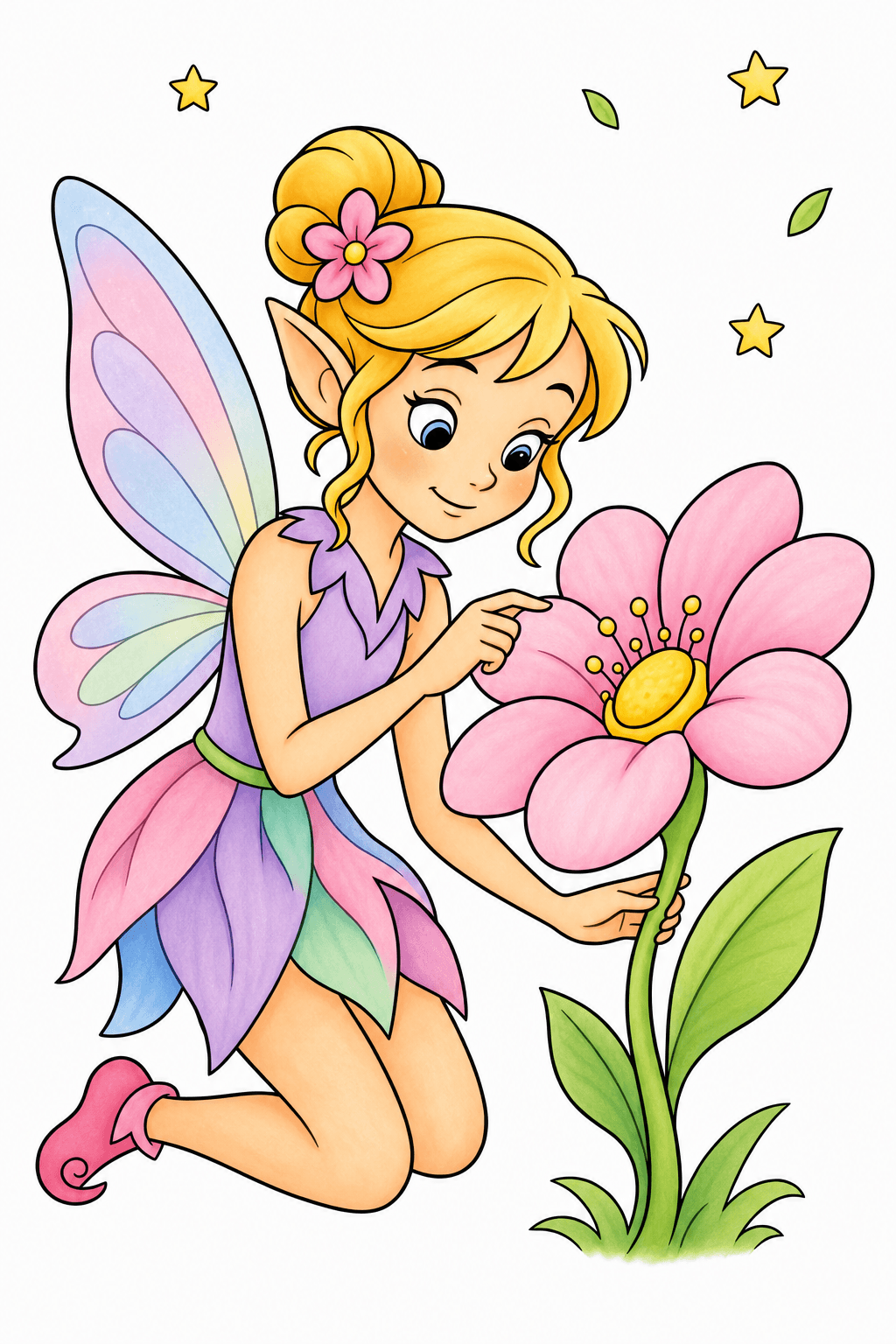 Fairy Examining a Giant Flower storybook colorized preview