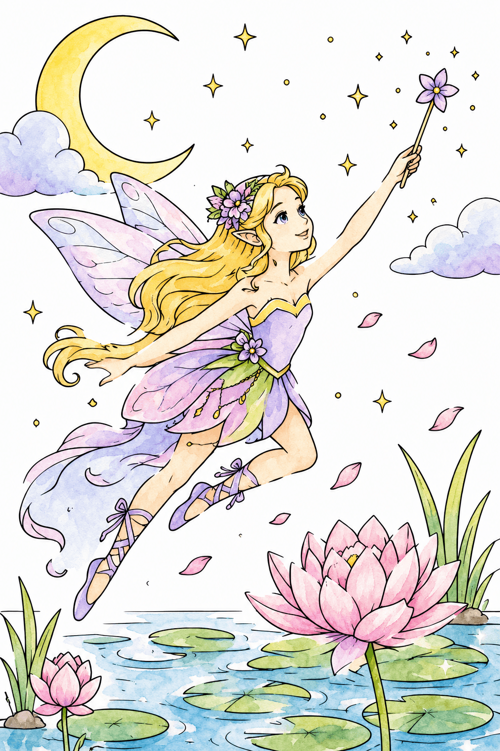 Flying Fairy Above a Lily Pond watercolor colorized preview