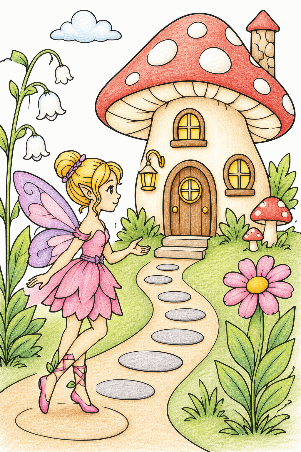 Winged Fairy Beside a Mushroom House with Lantern colored-pencil colorized preview