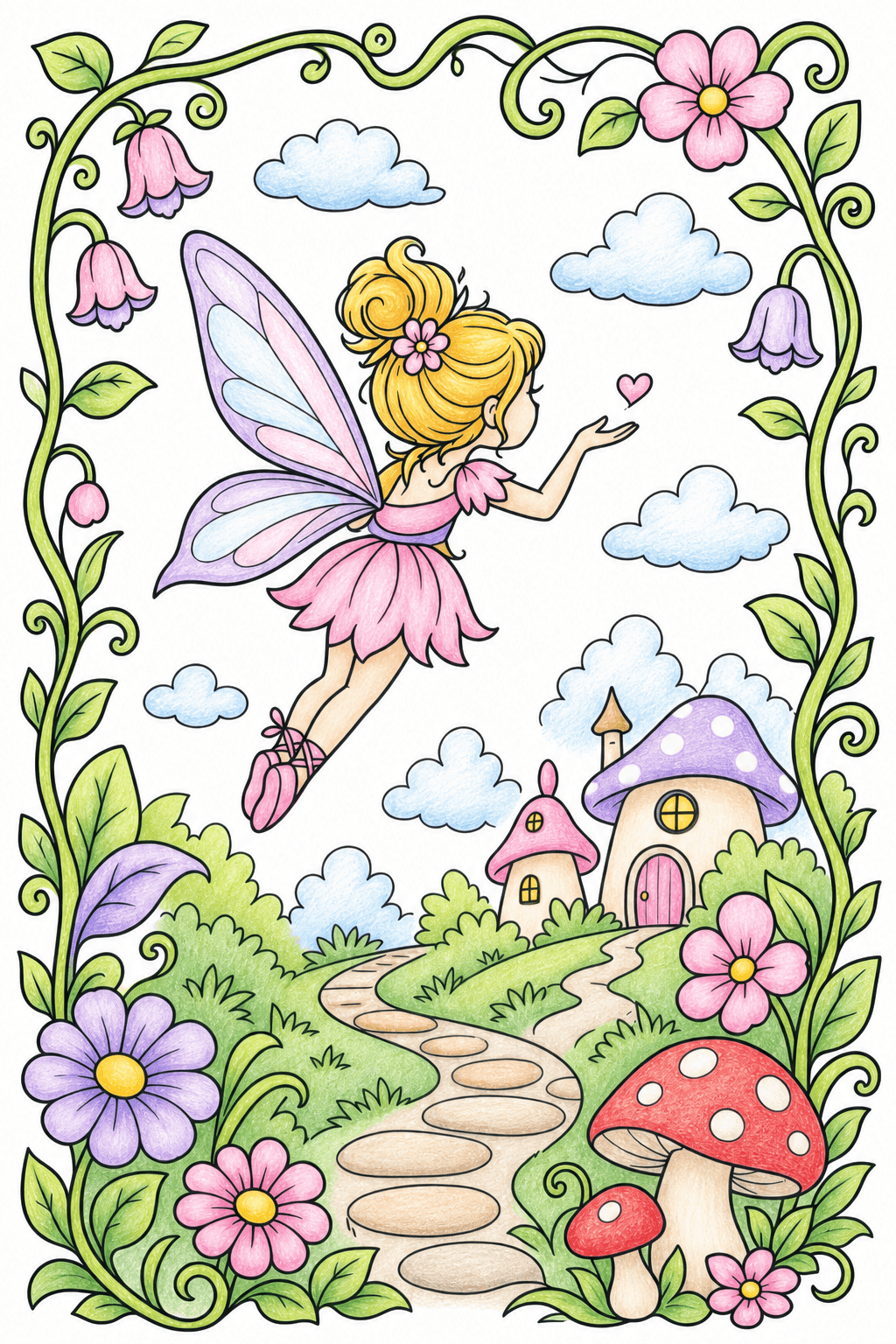 Flying Fairy Above a Winding Cottage Path colored-pencil colorized preview