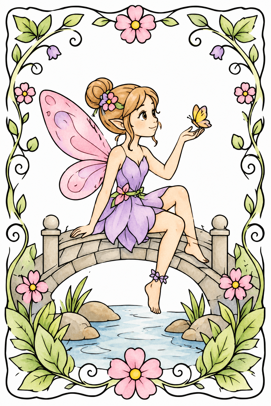 Fairy on a Stone Bridge with a Butterfly watercolor colorized preview