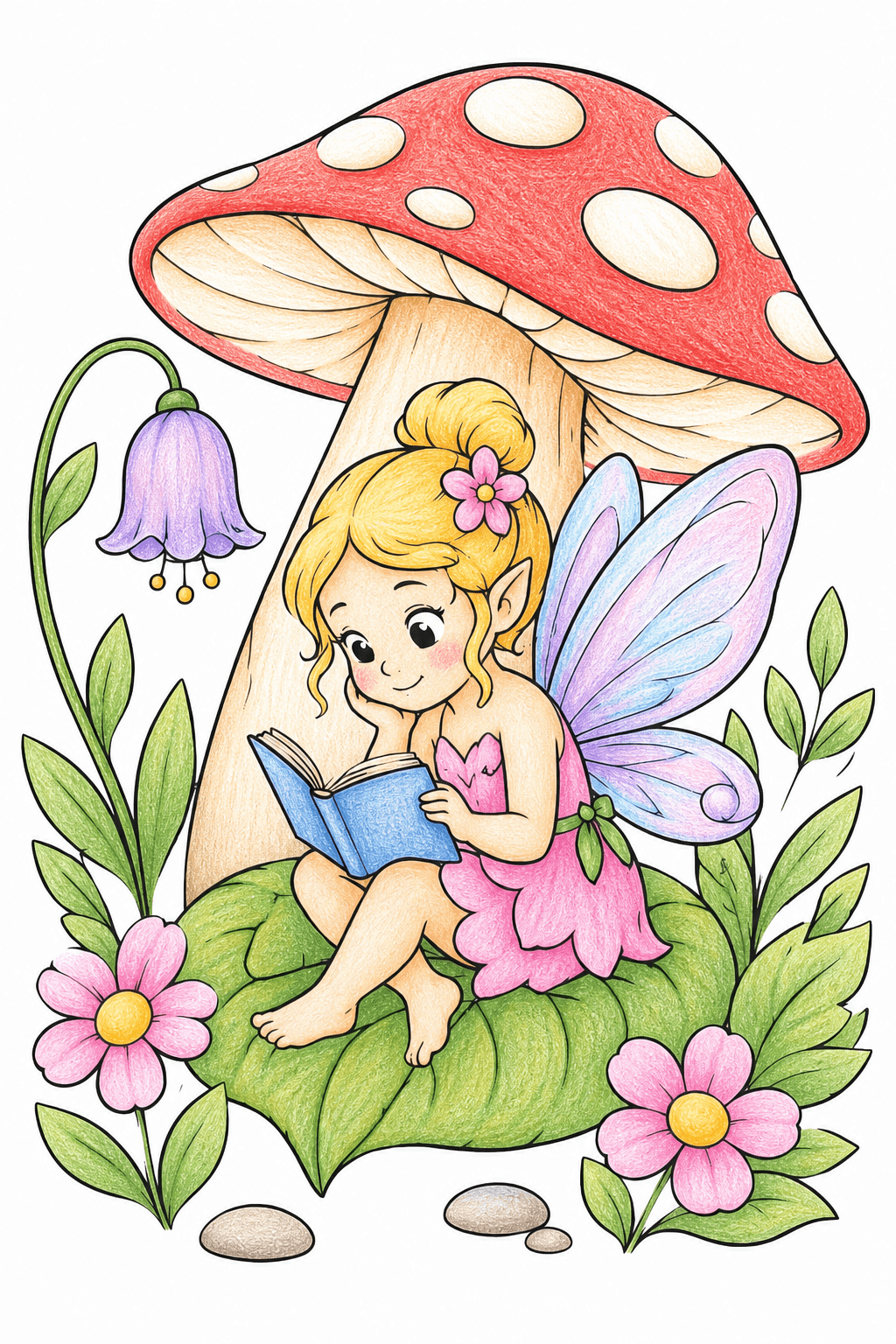 Fairy Reading Under a Spotted Mushroom colored-pencil colorized preview