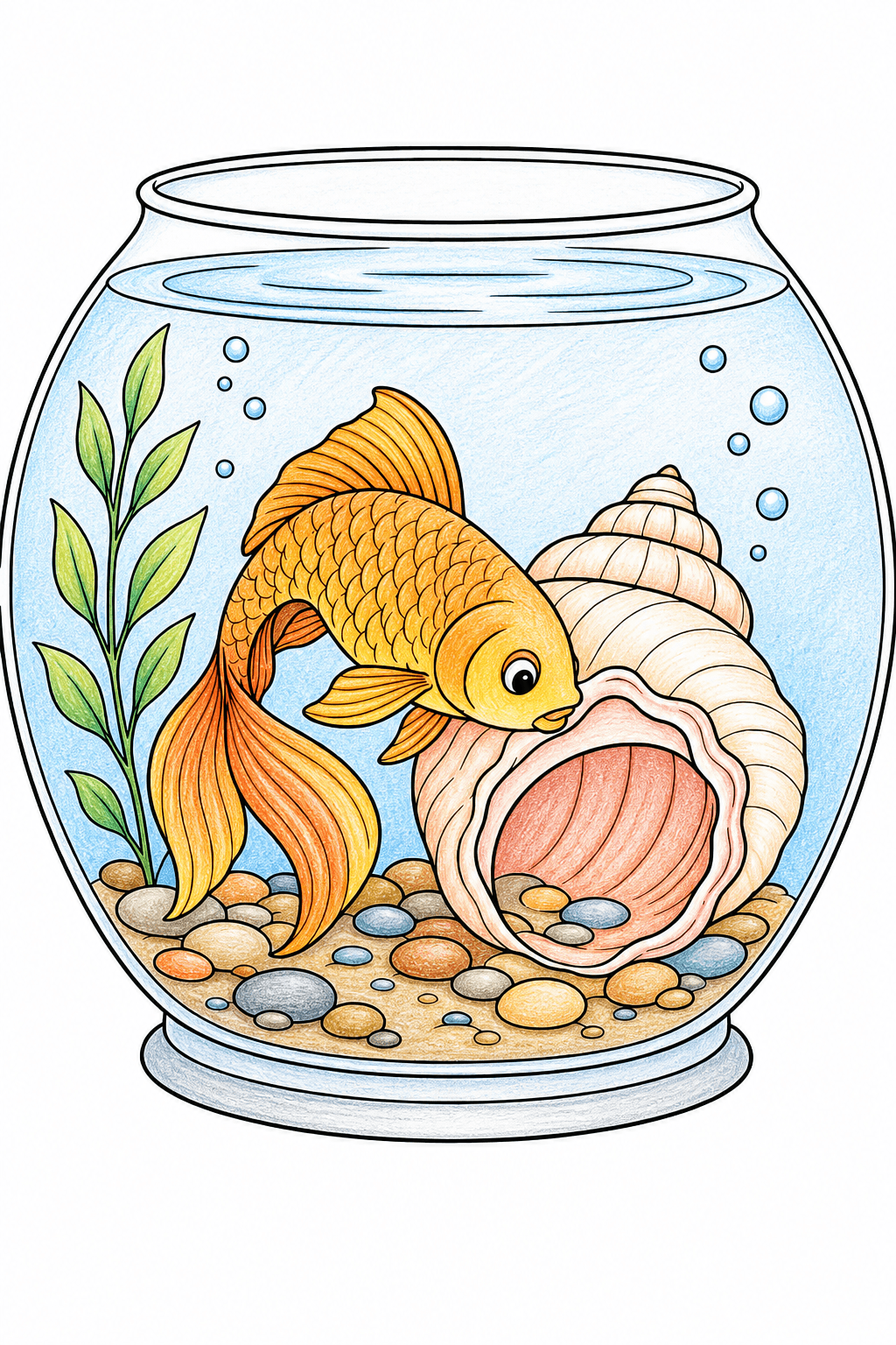 Fish Bowl and Spiral Shell Coloring Page colored-pencil colorized preview