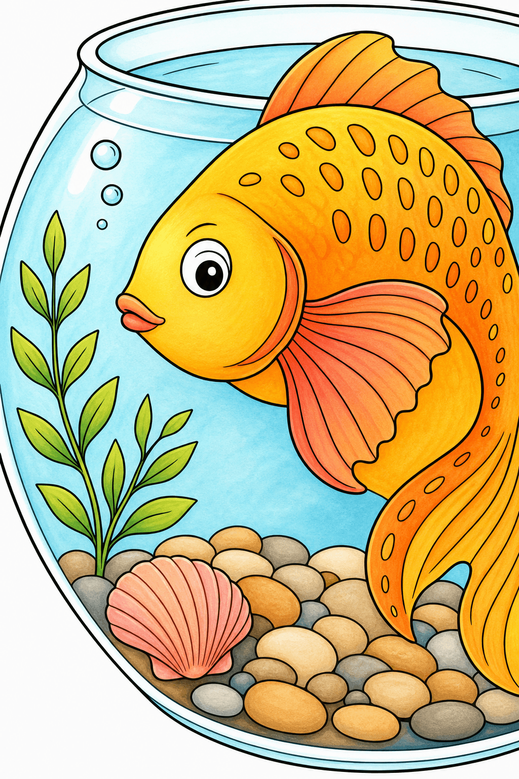 Close-Up Fish in a Bowl Coloring Page storybook colorized preview