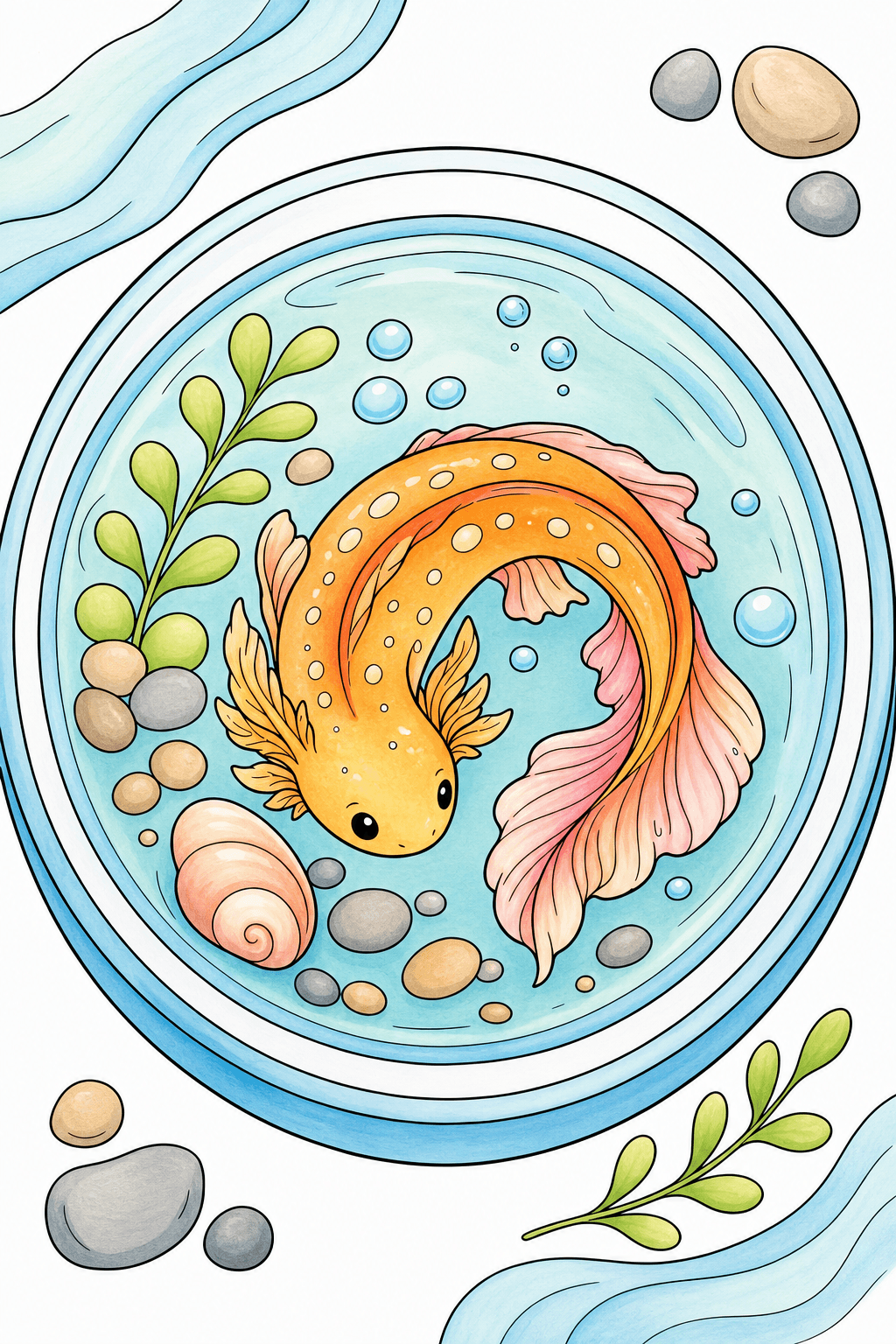 Top View of a Curled Fish in a Bowl storybook colorized preview