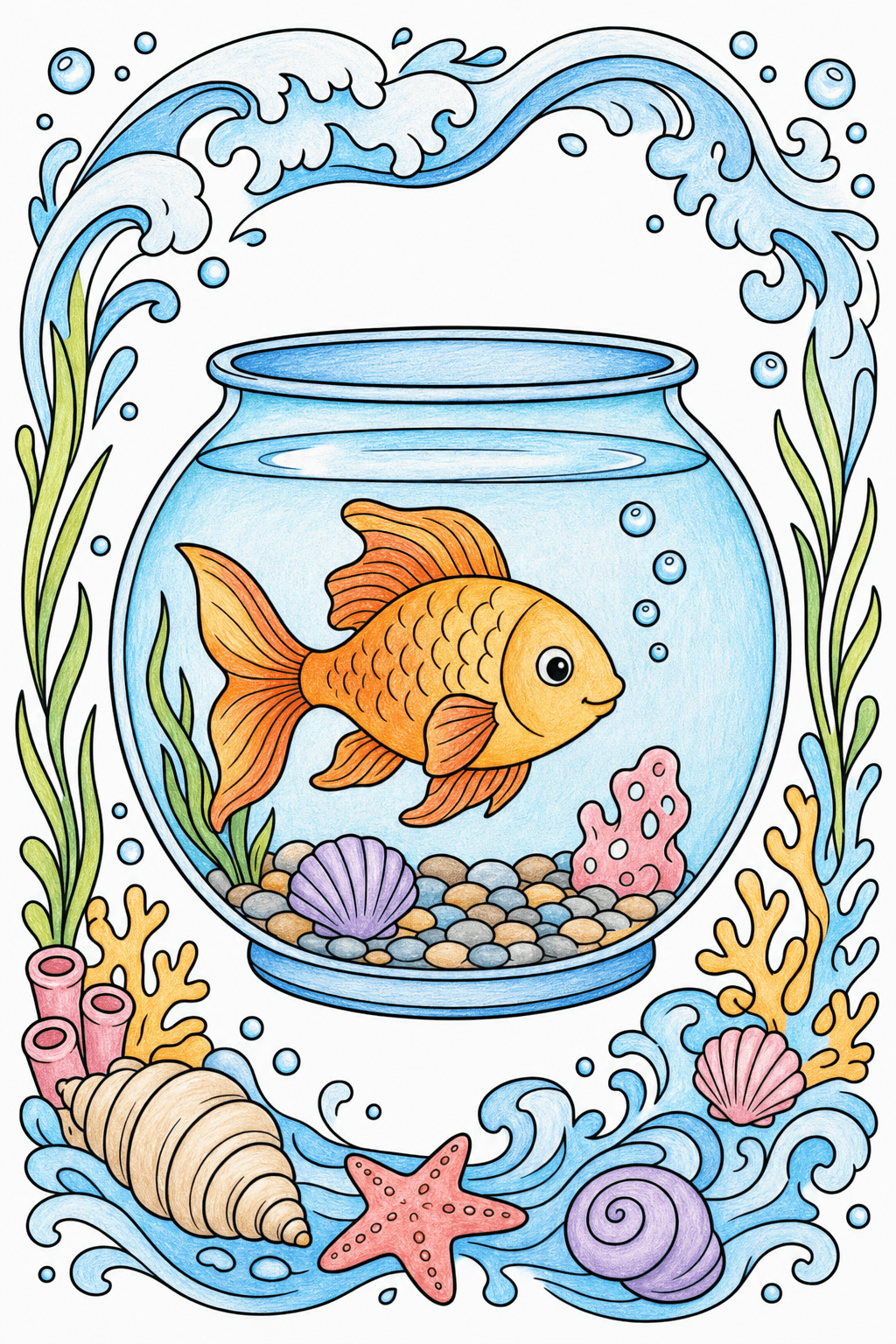 Fish Bowl Framed by Waves and Shells colored-pencil colorized preview