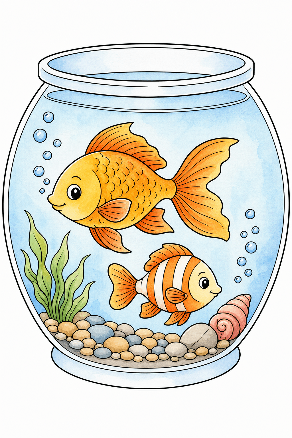 Large and Small Fish in a Bowl Coloring Page watercolor colorized preview