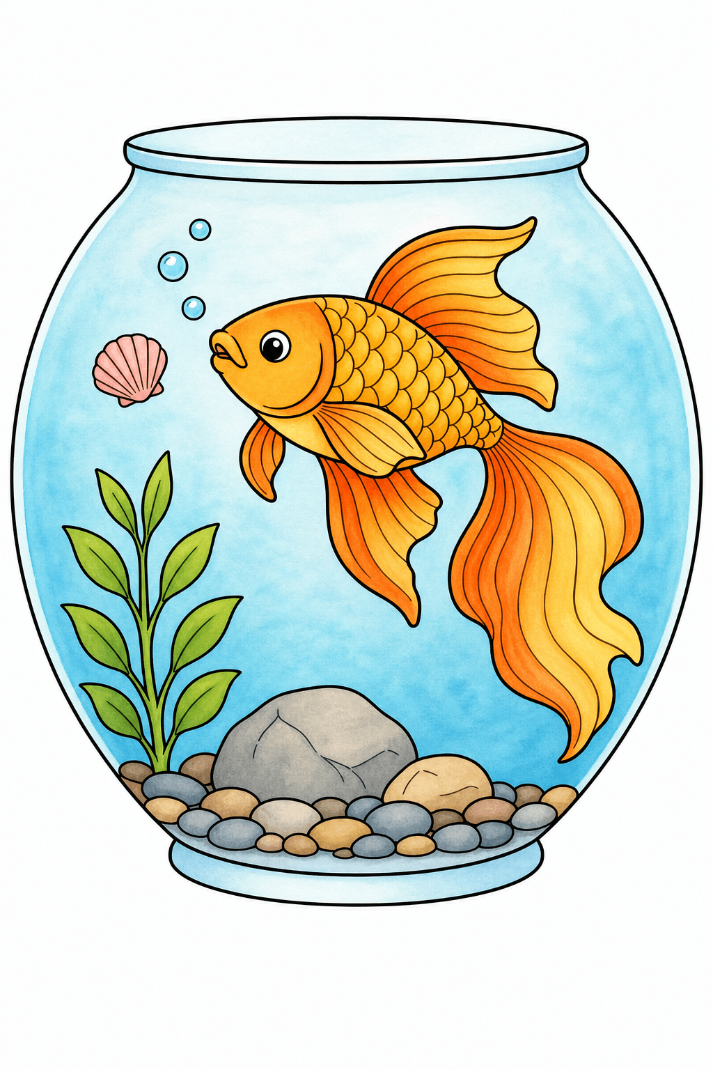 Ornamental Fish Swimming in a Round Bowl storybook colorized preview
