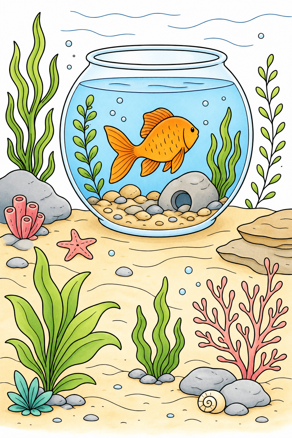 Fish Bowl Underwater Habitat Coloring Page storybook colorized preview