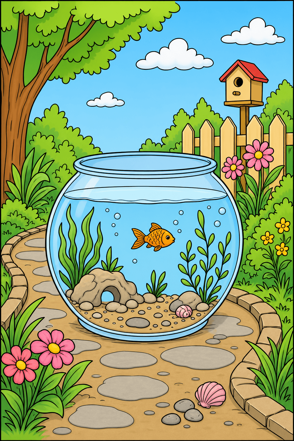 Fish Bowl Along a Flower-Lined Garden Path clean-digital colorized preview