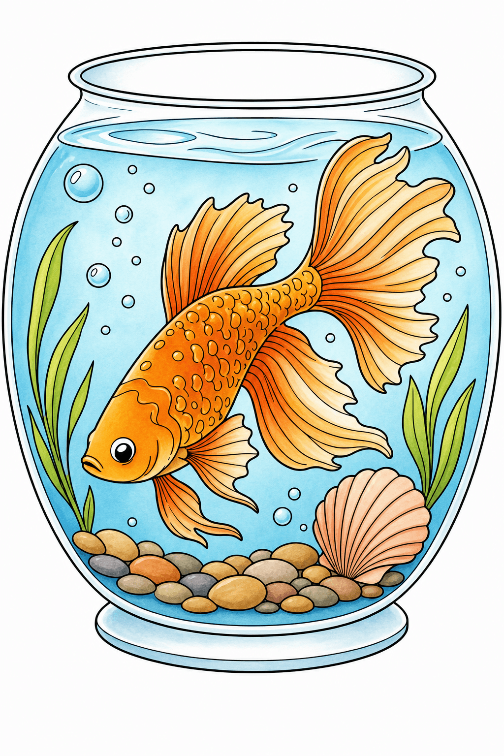 Flowing-Fin Fish in a Bowl Coloring Page storybook colorized preview