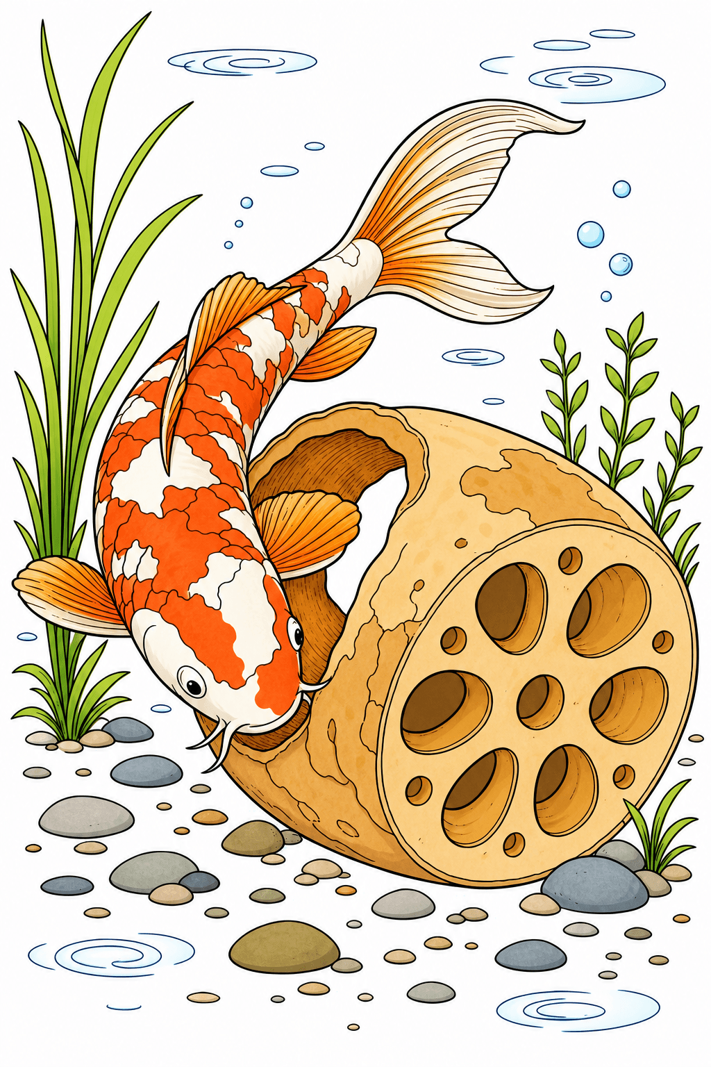 Koi Exploring a Hollow Lotus Root clean-digital colorized preview