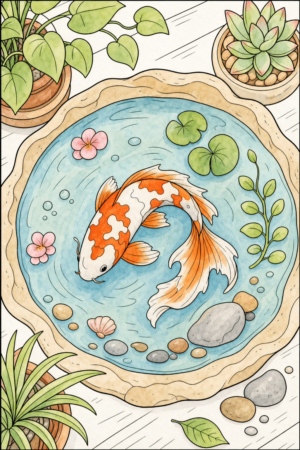 Koi in a Round Indoor Pond watercolor colorized preview