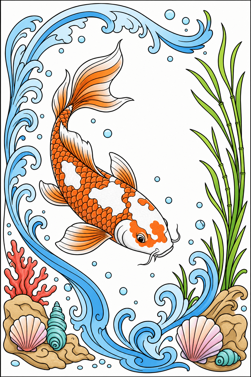 Koi Framed by Waves and Shells clean-digital colorized preview