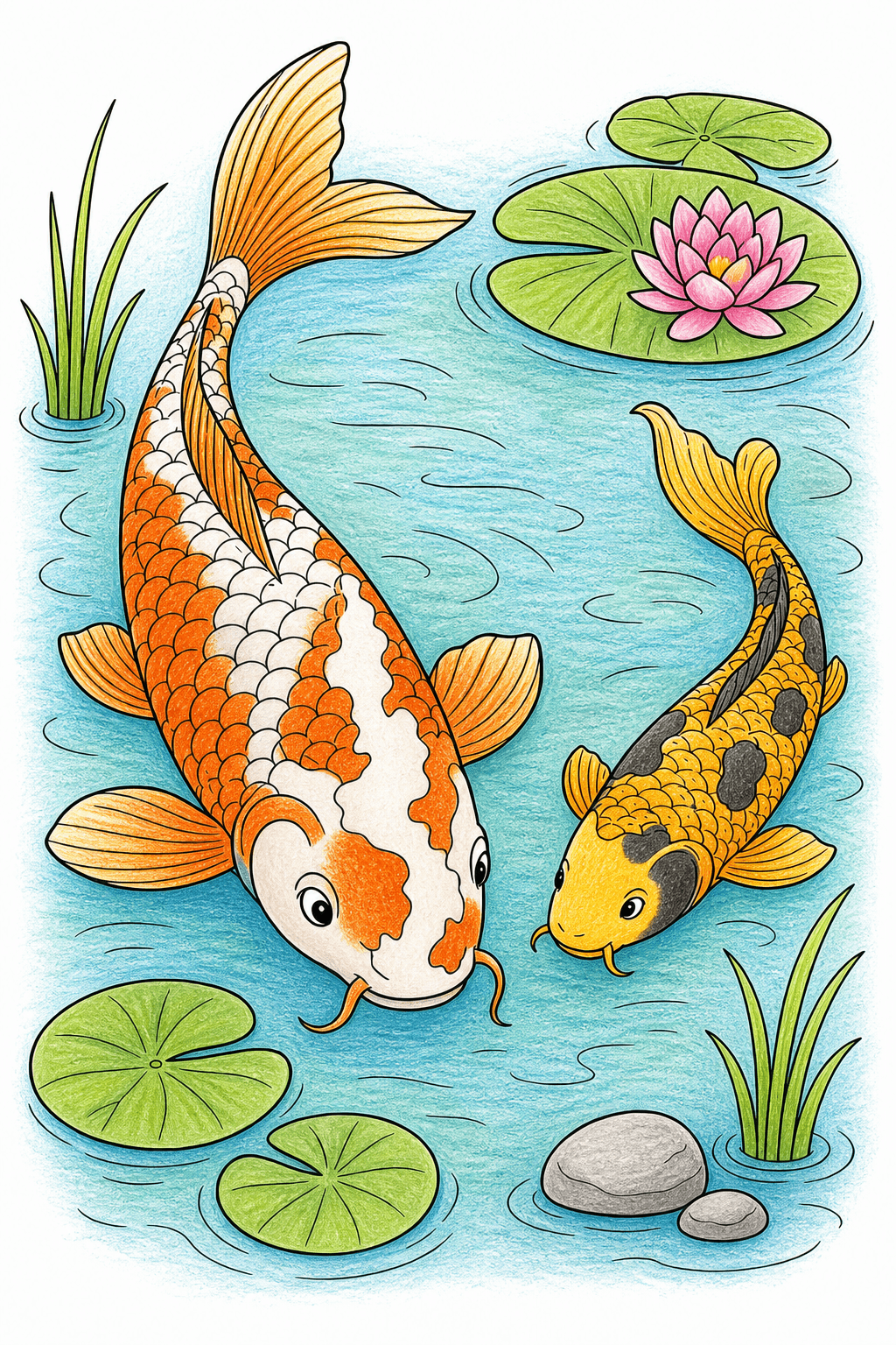 Koi Pair in a Lily Pond colored-pencil colorized preview