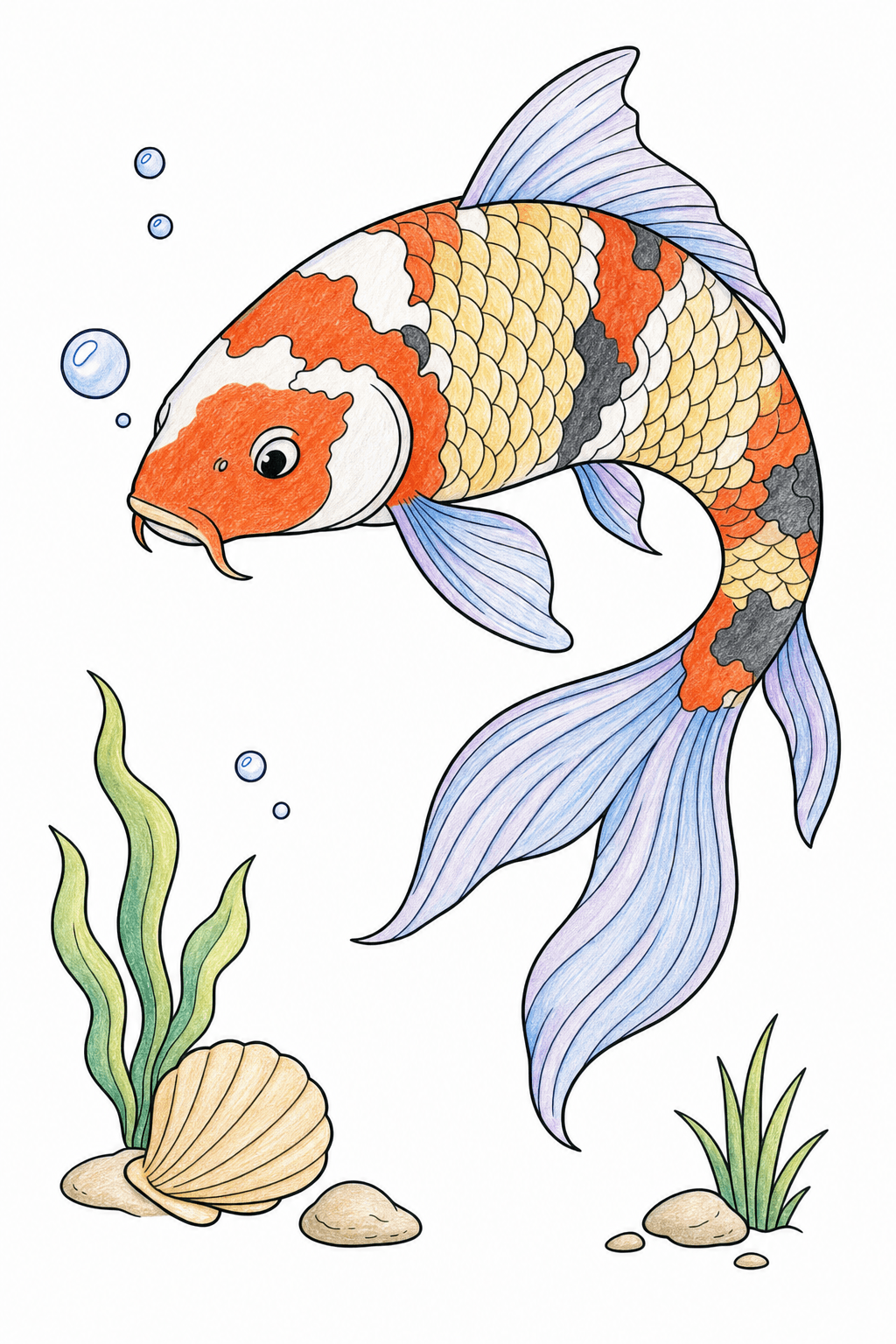 Curving Koi with Flowing Fins and a Shell colored-pencil colorized preview