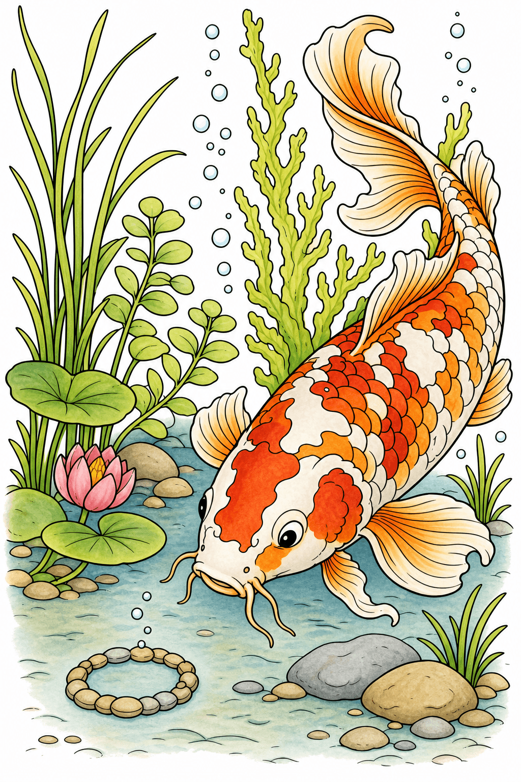 Koi Swimming Through a Pond Garden storybook colorized preview