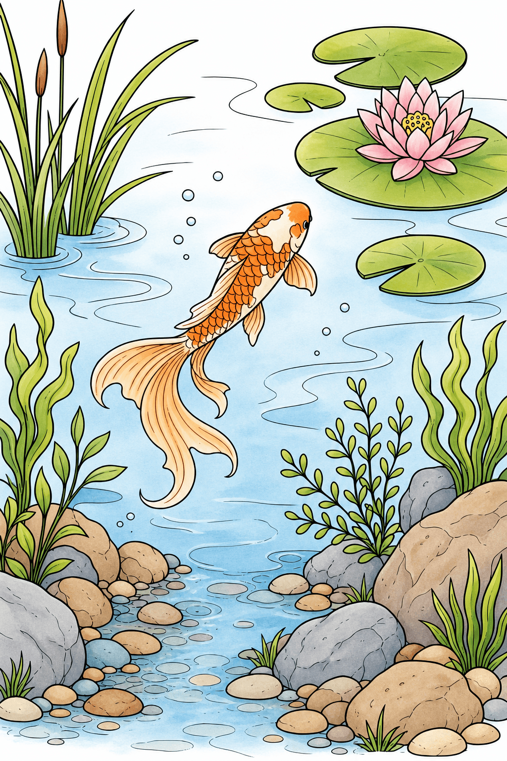 Koi in a Pond with Lily Pads and Reeds storybook colorized preview