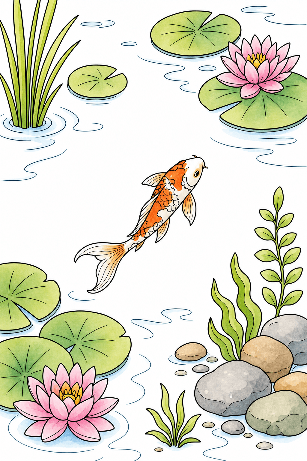 Koi Swimming Among Water Lilies watercolor colorized preview