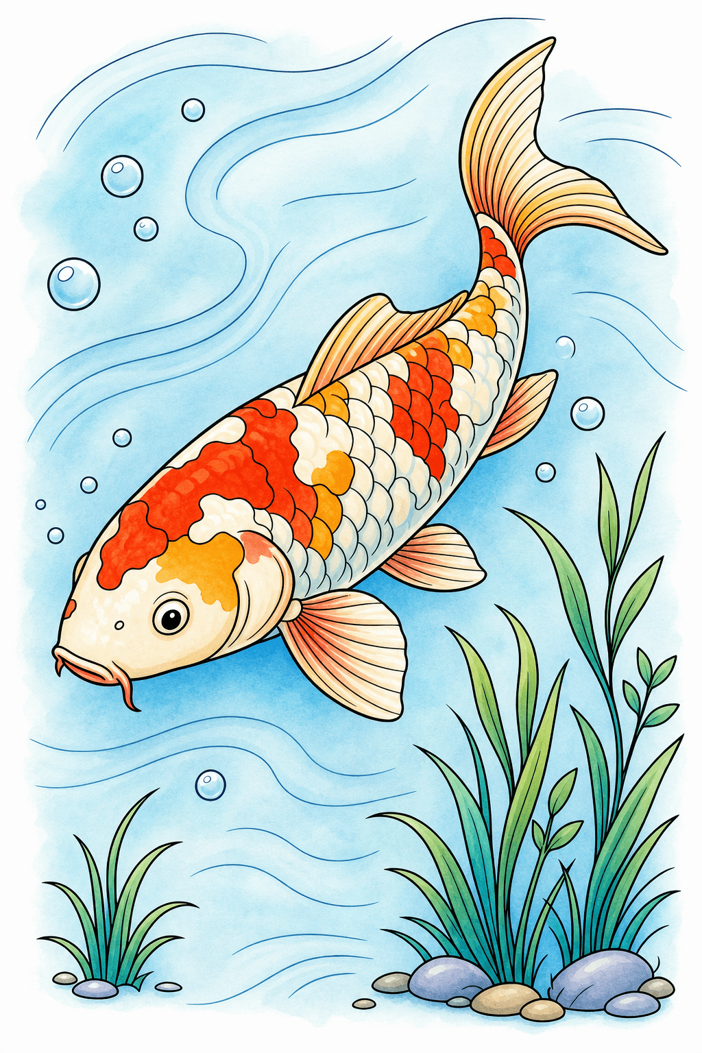 Koi Swimming Past Reeds and Bubbles storybook colorized preview