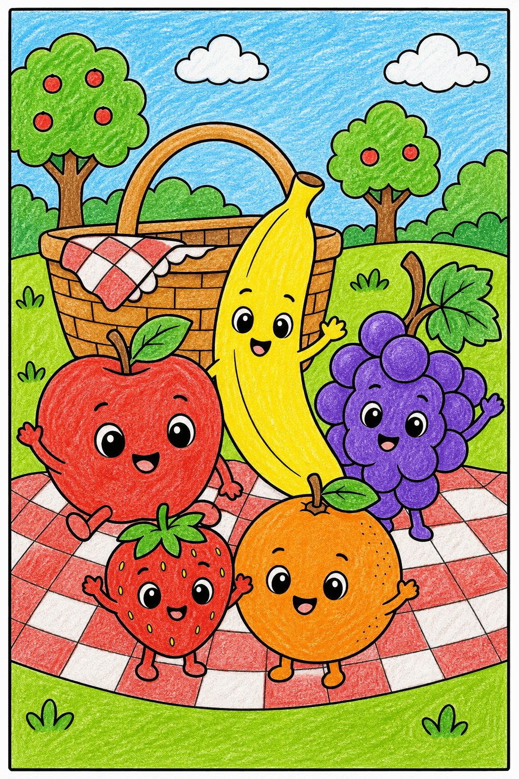 Smiling Fruits on a Picnic Blanket crayon colorized preview